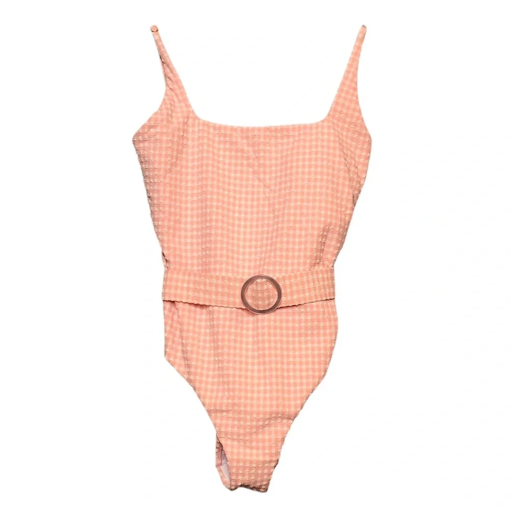 PQ Ballet Lucia Belted Pink Gingham One-Piece Swimsuit Large